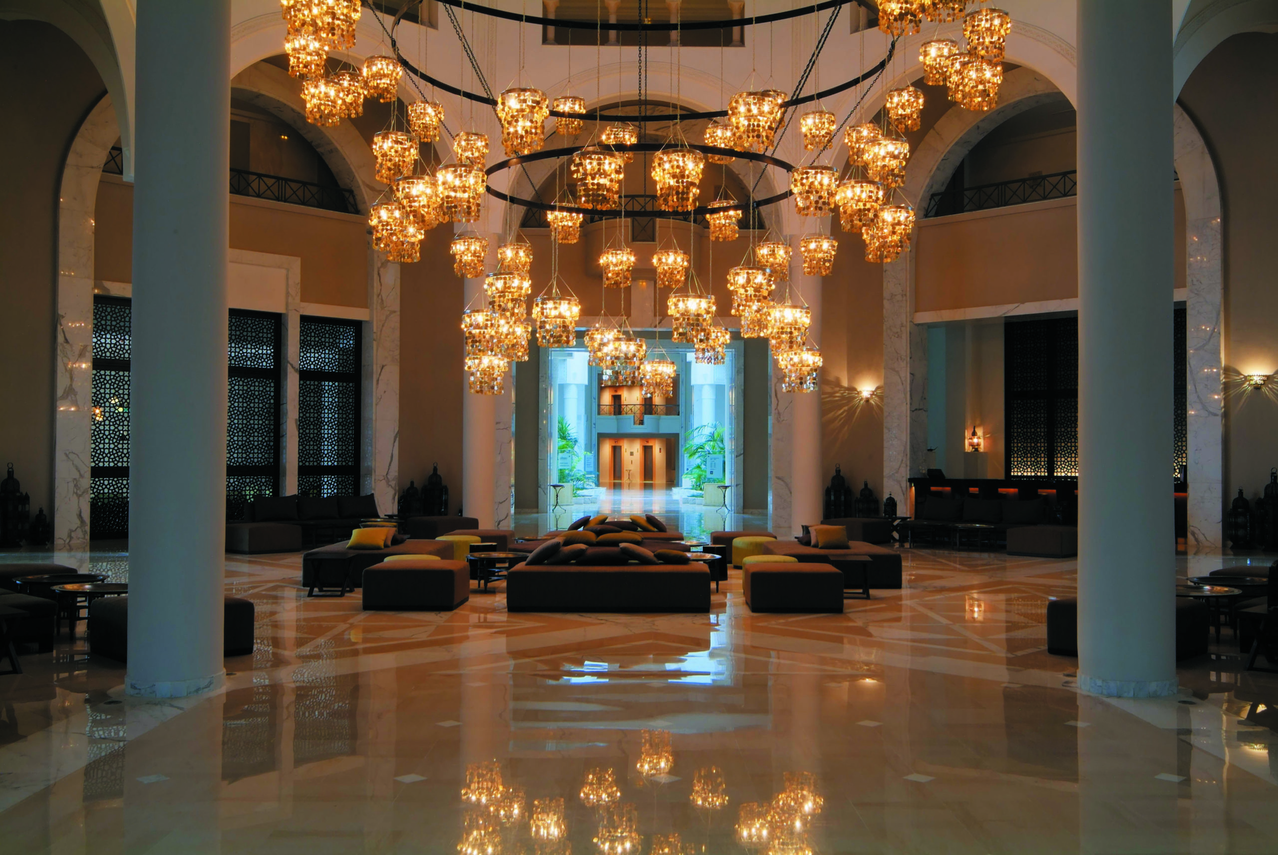 Hotel Lobby with gold chandeliers